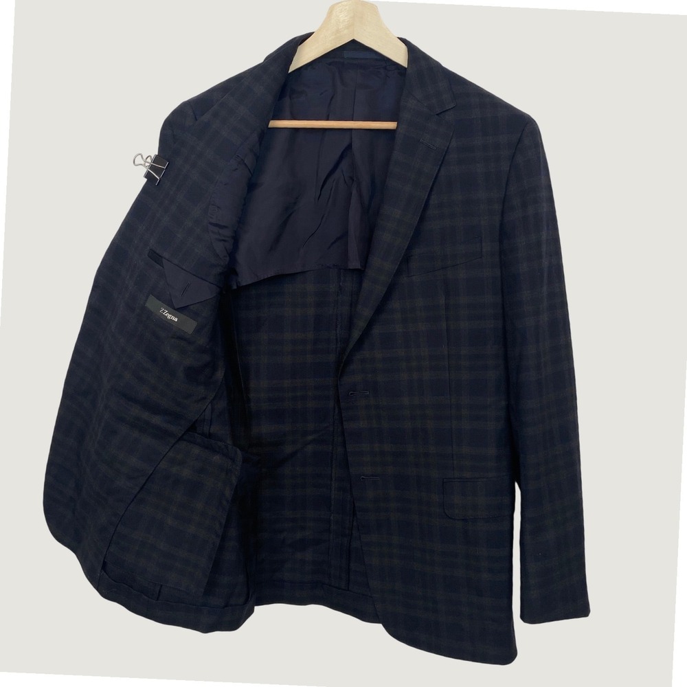 Ermenegildo Z Zegna Navy Blue Green Plaid 100% Wool Sport Coat Blazer Jacket 38R